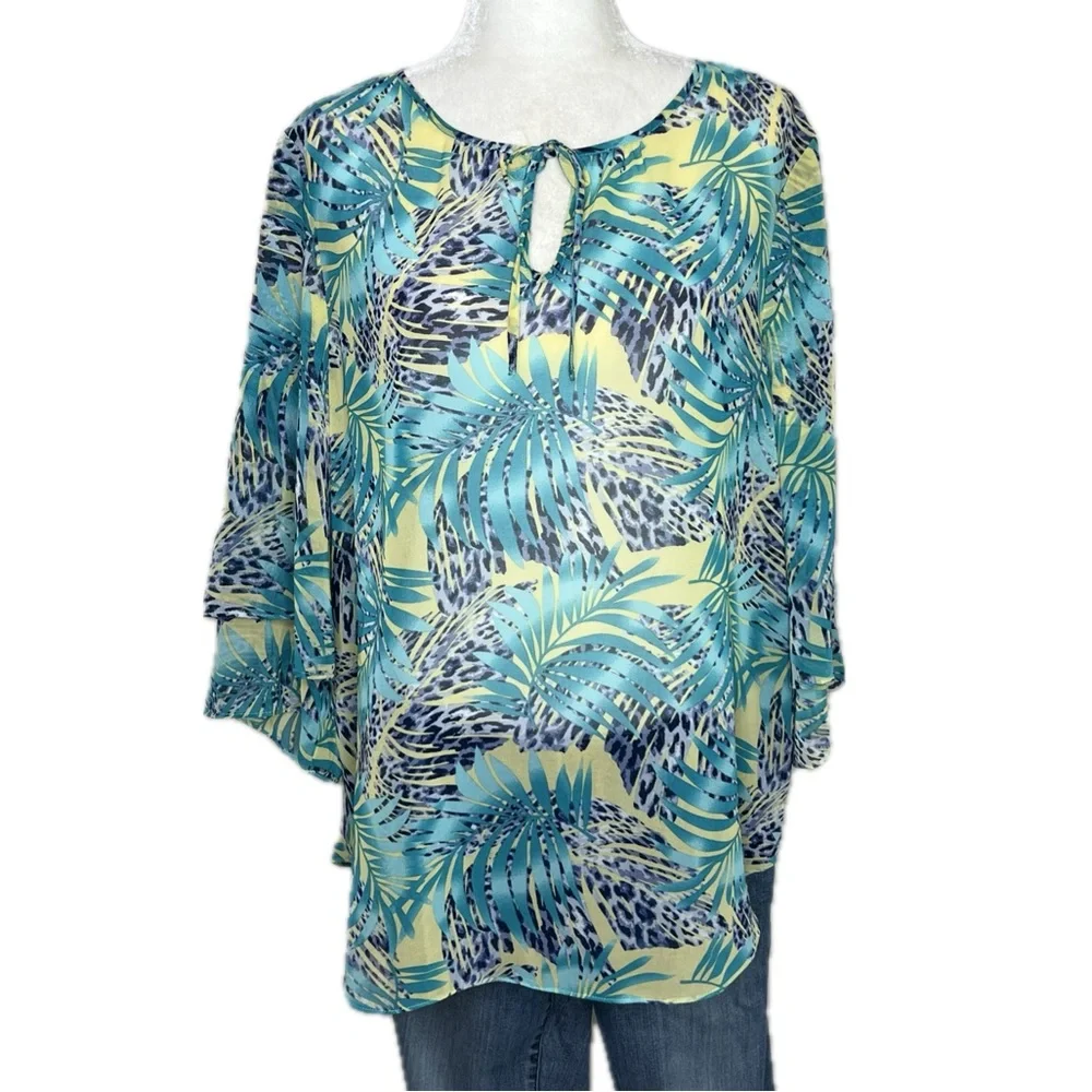 Chico’s Blouse Tropical Leopard Semi Sheer Ruffle Sleeve Green Blue 12 Large L - Picture 4 of 11